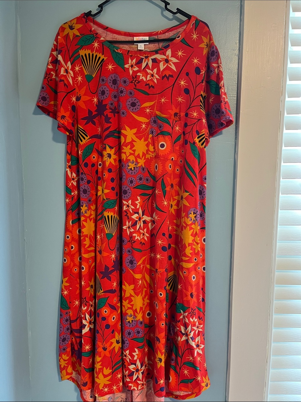 LuLaRoe Red Floral Swing Dress with Yellow & Green Accents